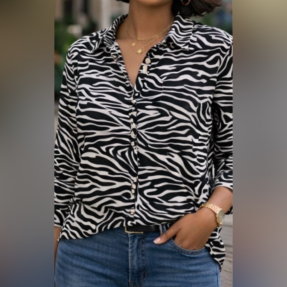 Black White Zebra Print Button Down Blouse  Long Sleeve Animal Print Top